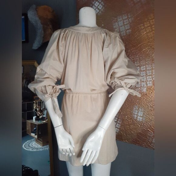 Zara Beige 100% Cotton Puff Sleeve Button-Down Mini Dress - Picture 3 of 13